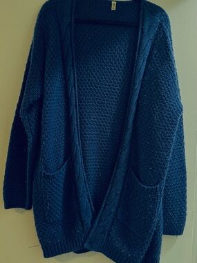 Open-Front Navy Knit Pocket Cardigan Sweater